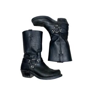 Vintage Black Leather Harness Biker Boots Mens 8